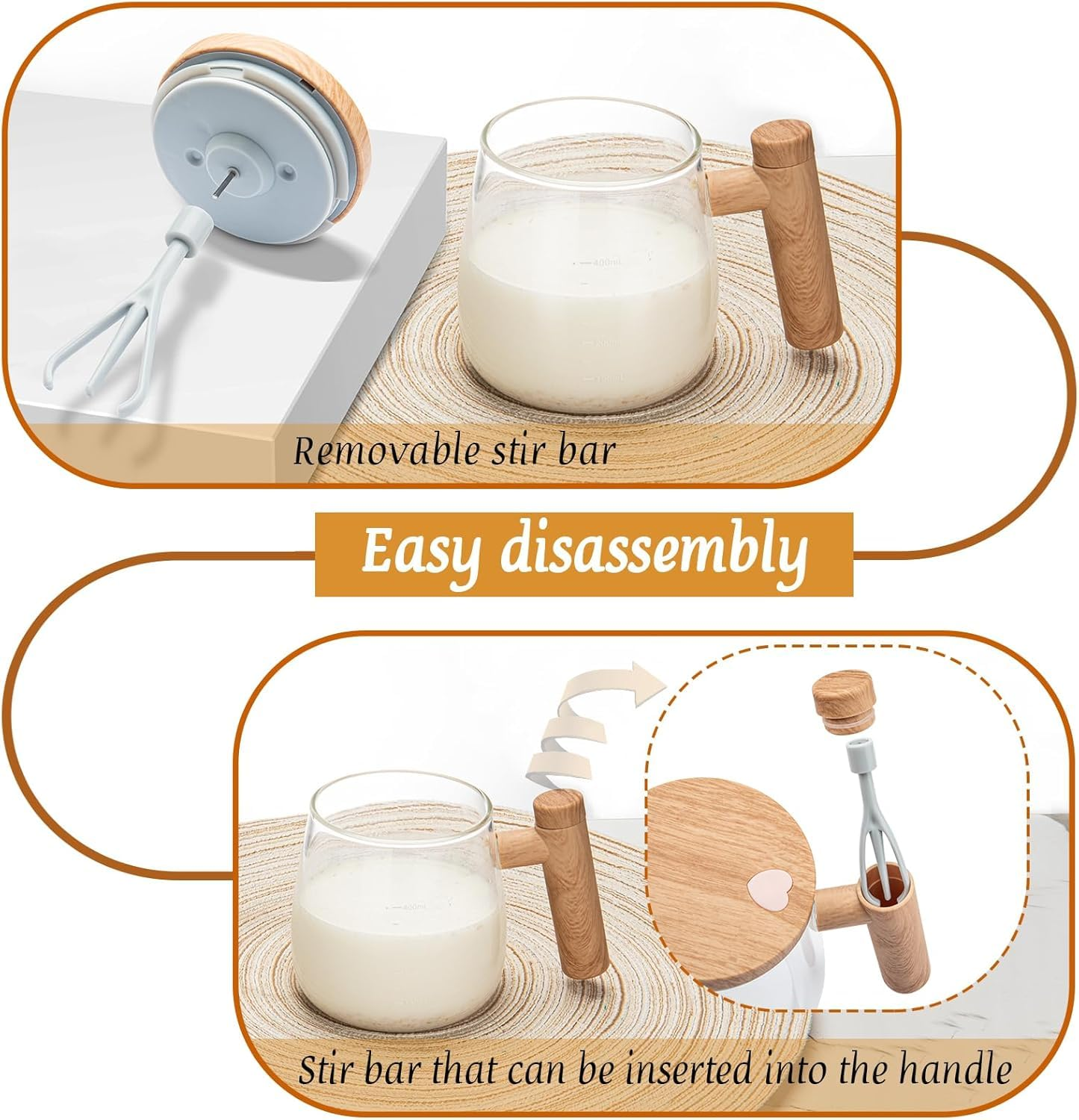 Self Stirring Coffee Mug, Glass Electric Self Mixing Cup with Lid & Handle