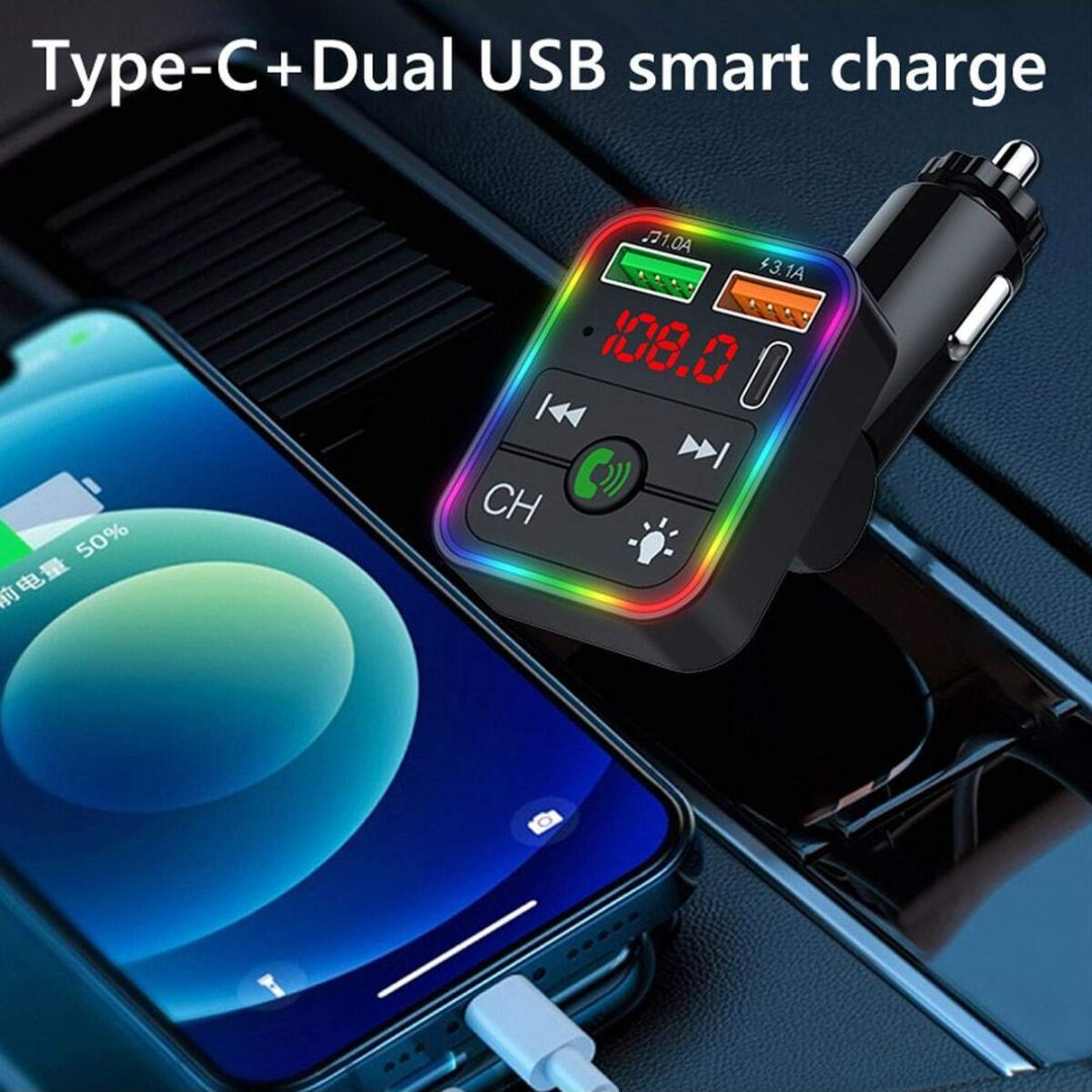 Bleutooth FM Transmitter F2 , MP3 Player with USB Flash Drive, Multi-Color Ambient Lighting, Dual USB 3.1 Type-C Fast Charger, and FM X8
