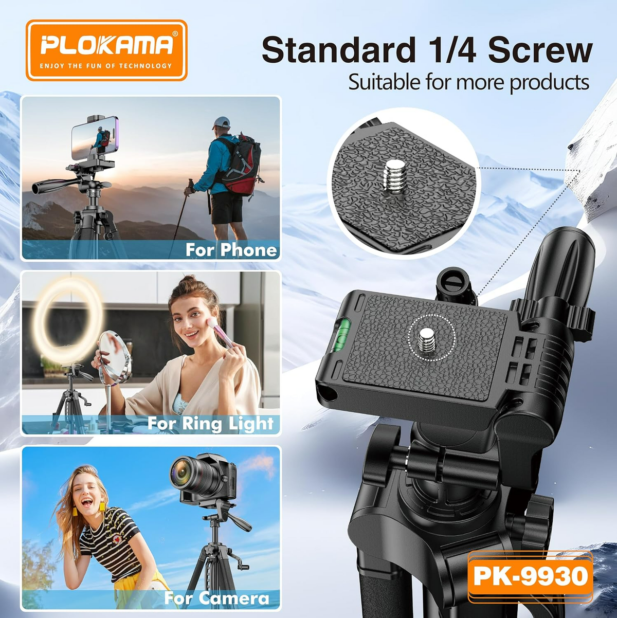 PLOKAMA Professional Tripod 150cm – 360° Rotation with Bluetooth Remote PK-9950