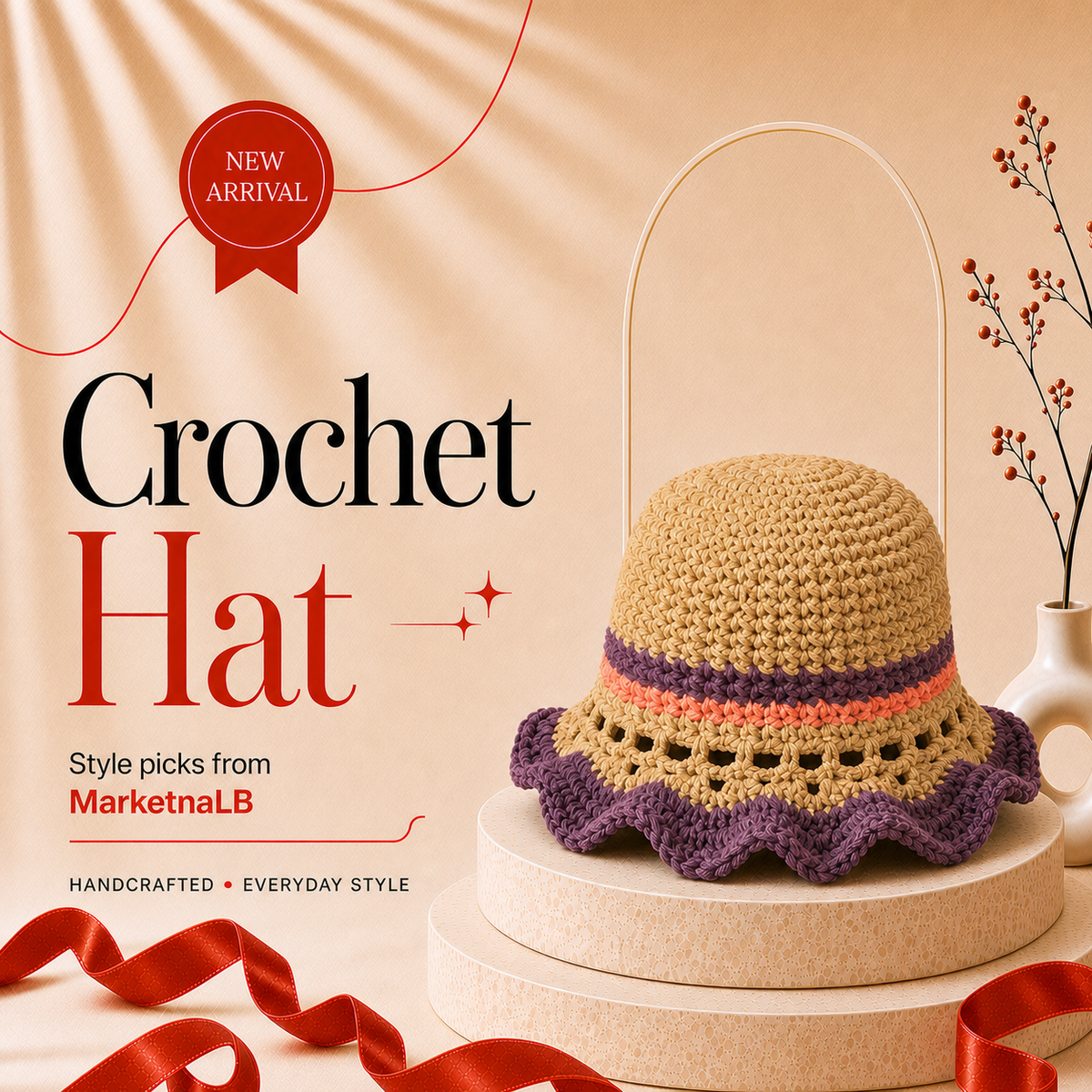 Handmade Crochet Colorblock Scalloped Hat