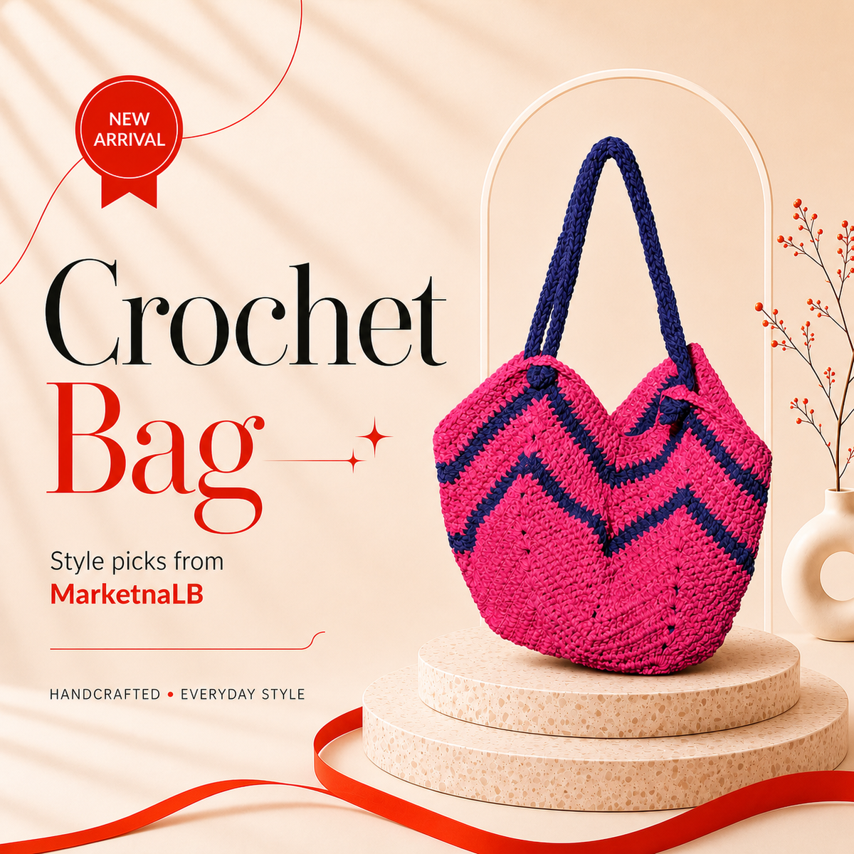 Handmade Pink & Navy Crochet Tote Bag