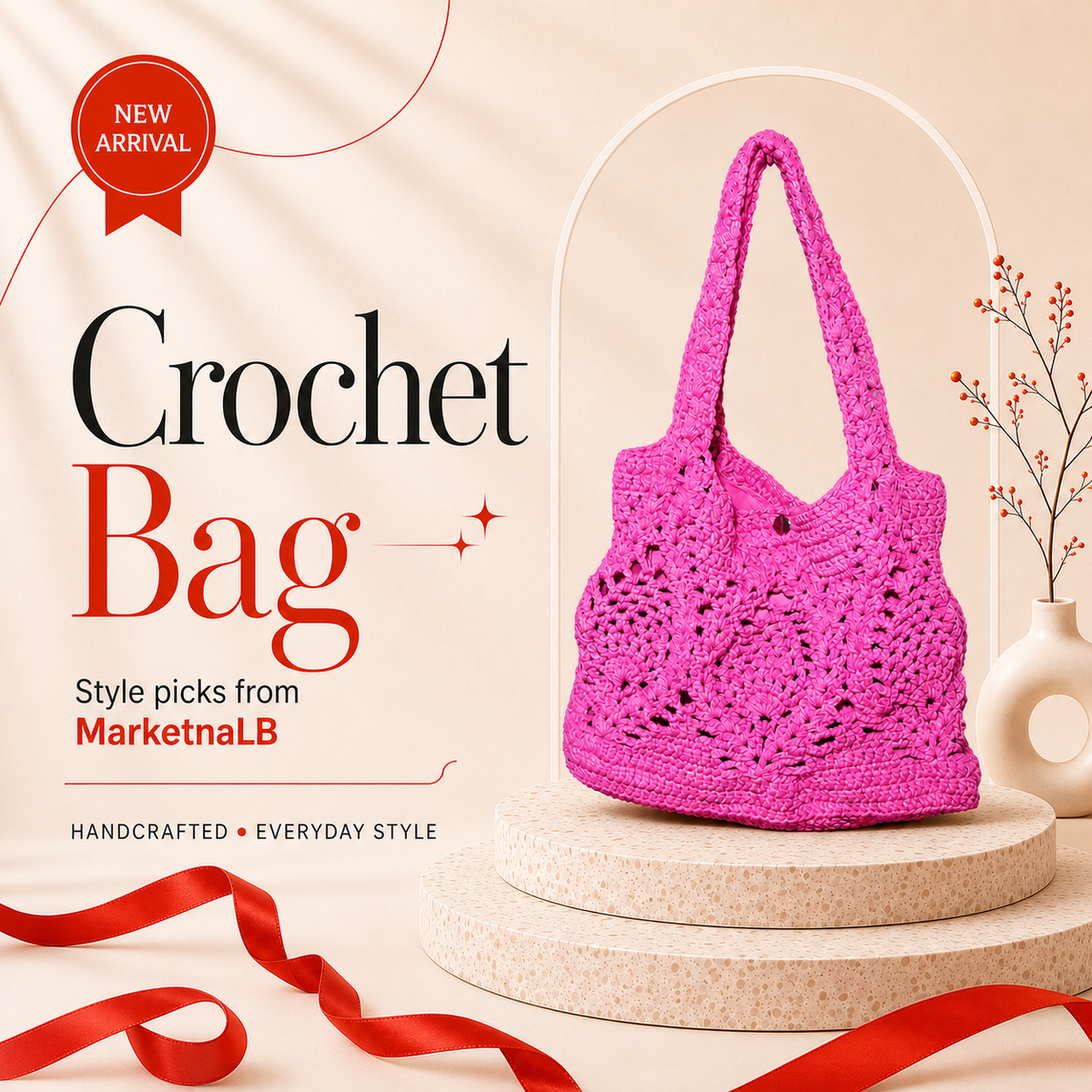 Handmade Hot Pink Openwork Crochet Tote Bag
