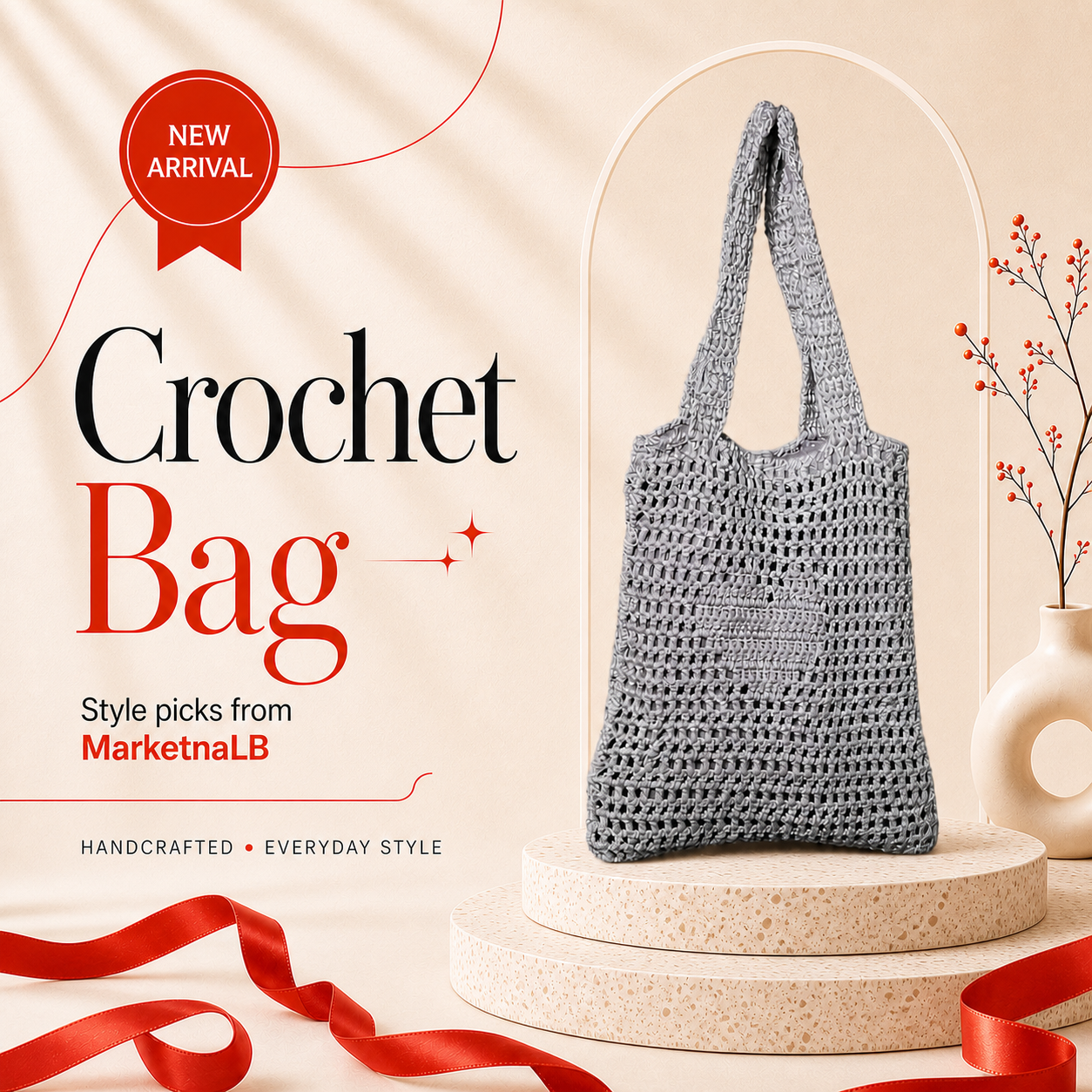Handmade Gray Openwork Crochet Tote Bag