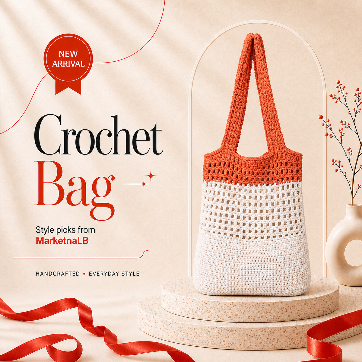 Handmade White & Orange Crochet Tote Bag