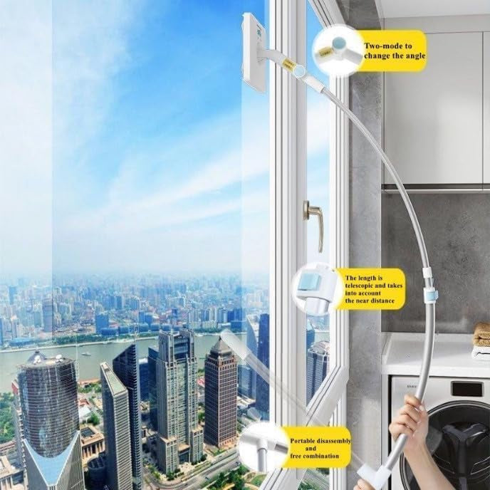 Window Cleaning Tool U Shaped l for External Window Washer with Telescopic Pole, Angle Adjustable Sponge Head and Squeegees
