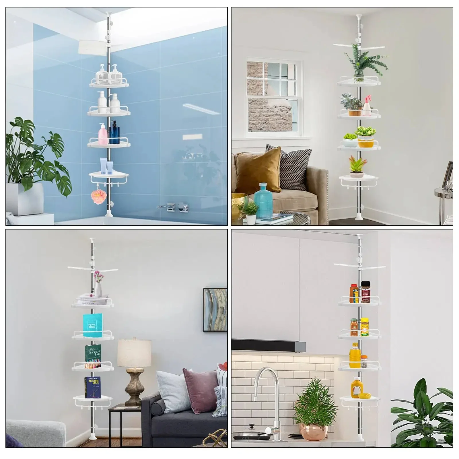 4 Tier Bathroom Corner Shelf with Towel Holder – Wall Mounted Storage Rack for Toiletries & Towels